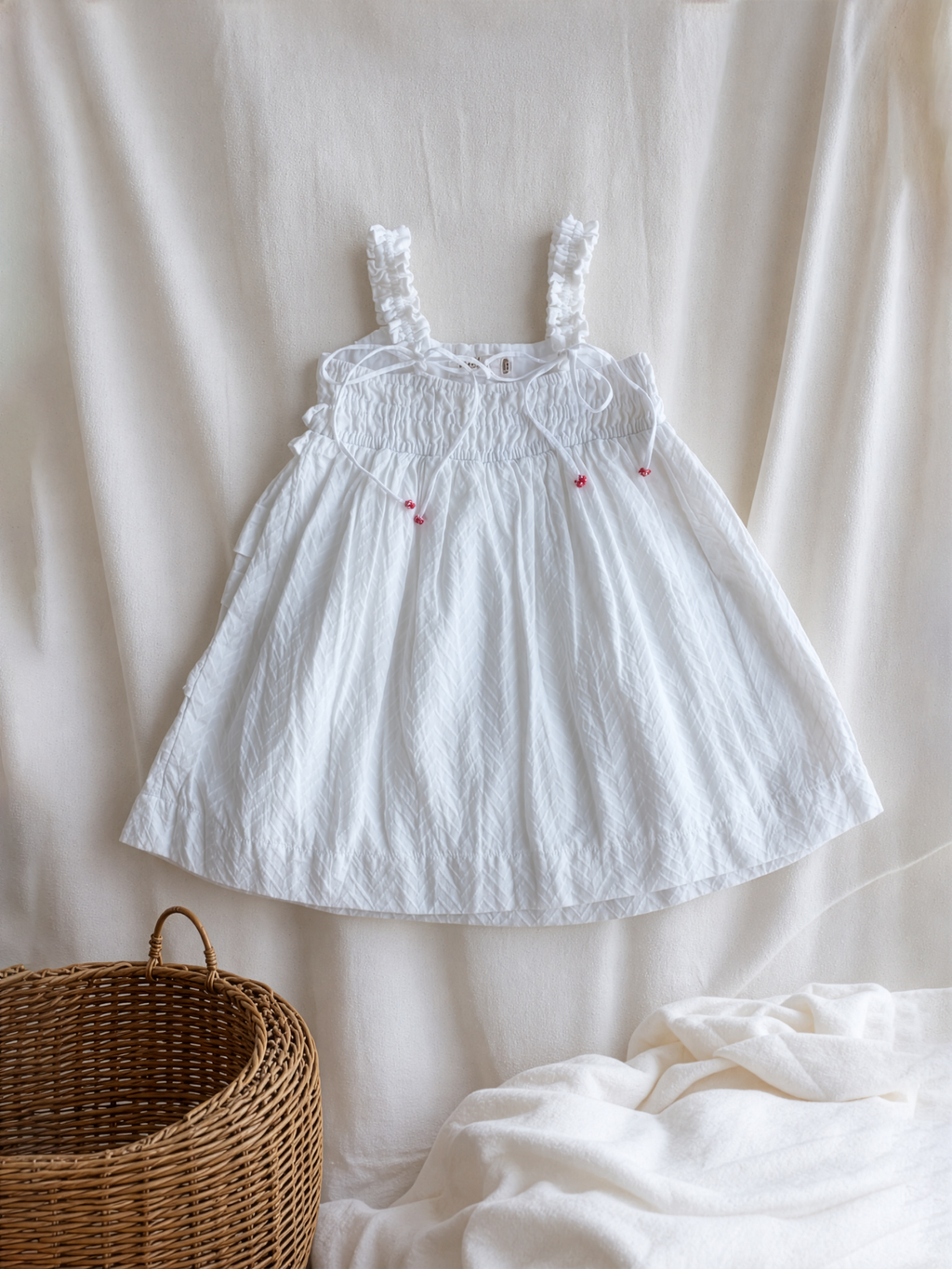 White Gathered Tucks Dress