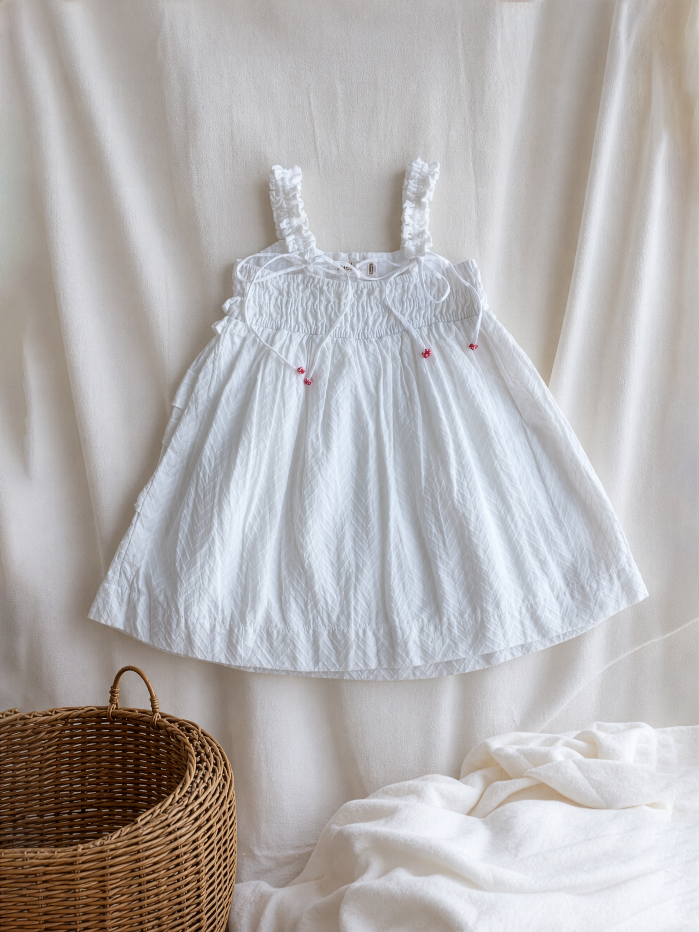 White Gathered Tucks Dress