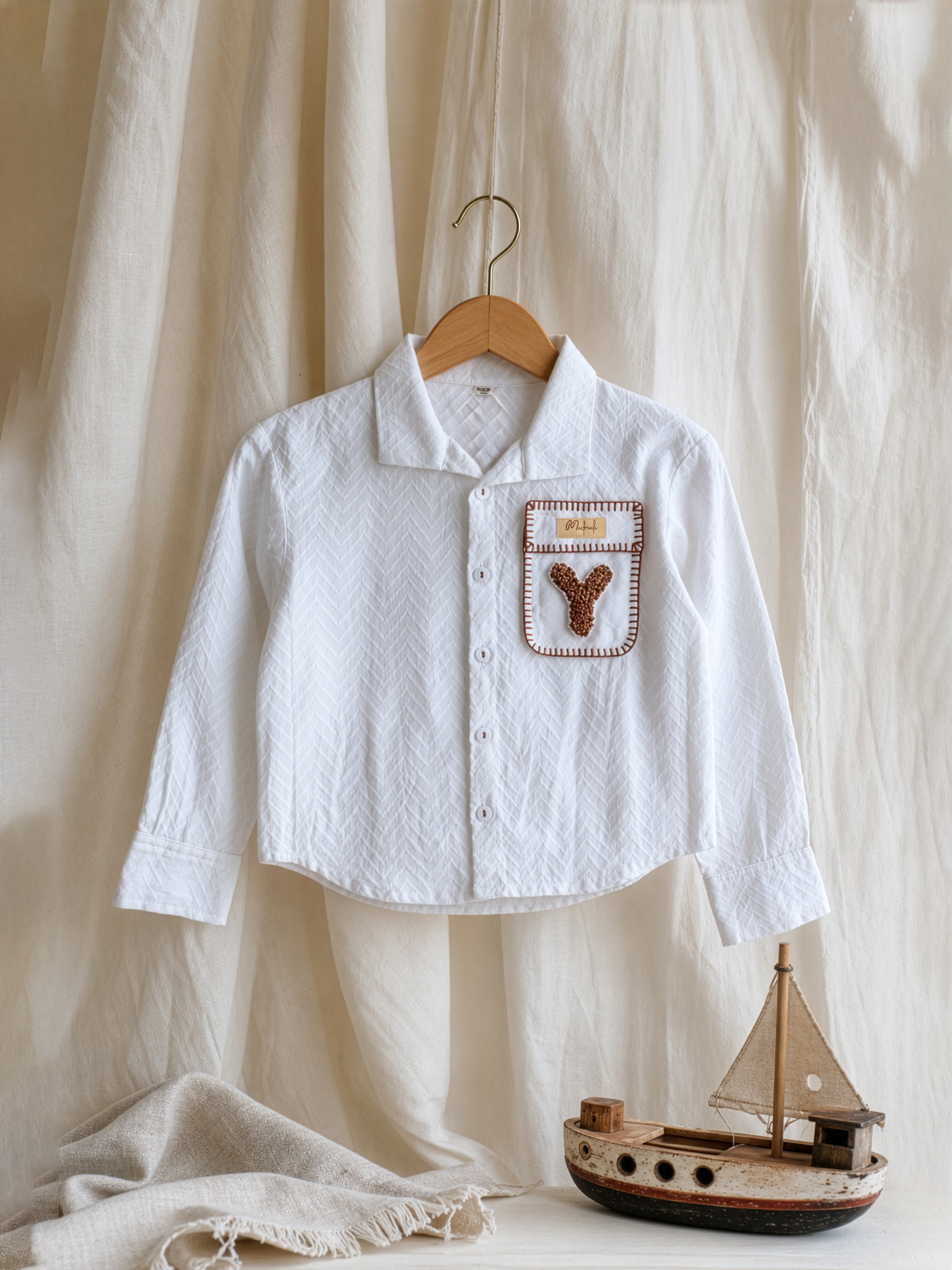 White Patch Pocket Hand-Embroidered Shirt