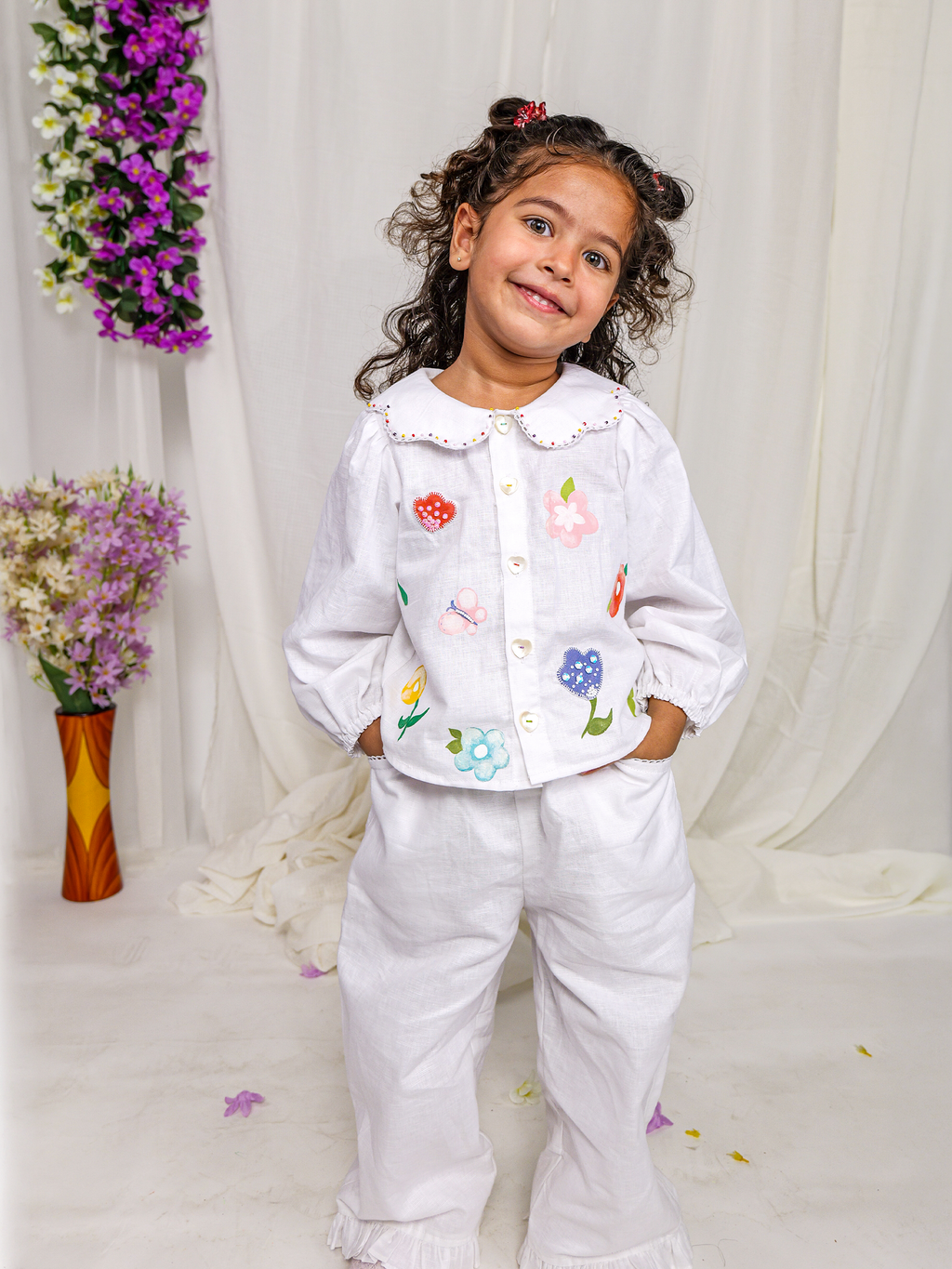 White Spring Linen Floral Collar with Pants