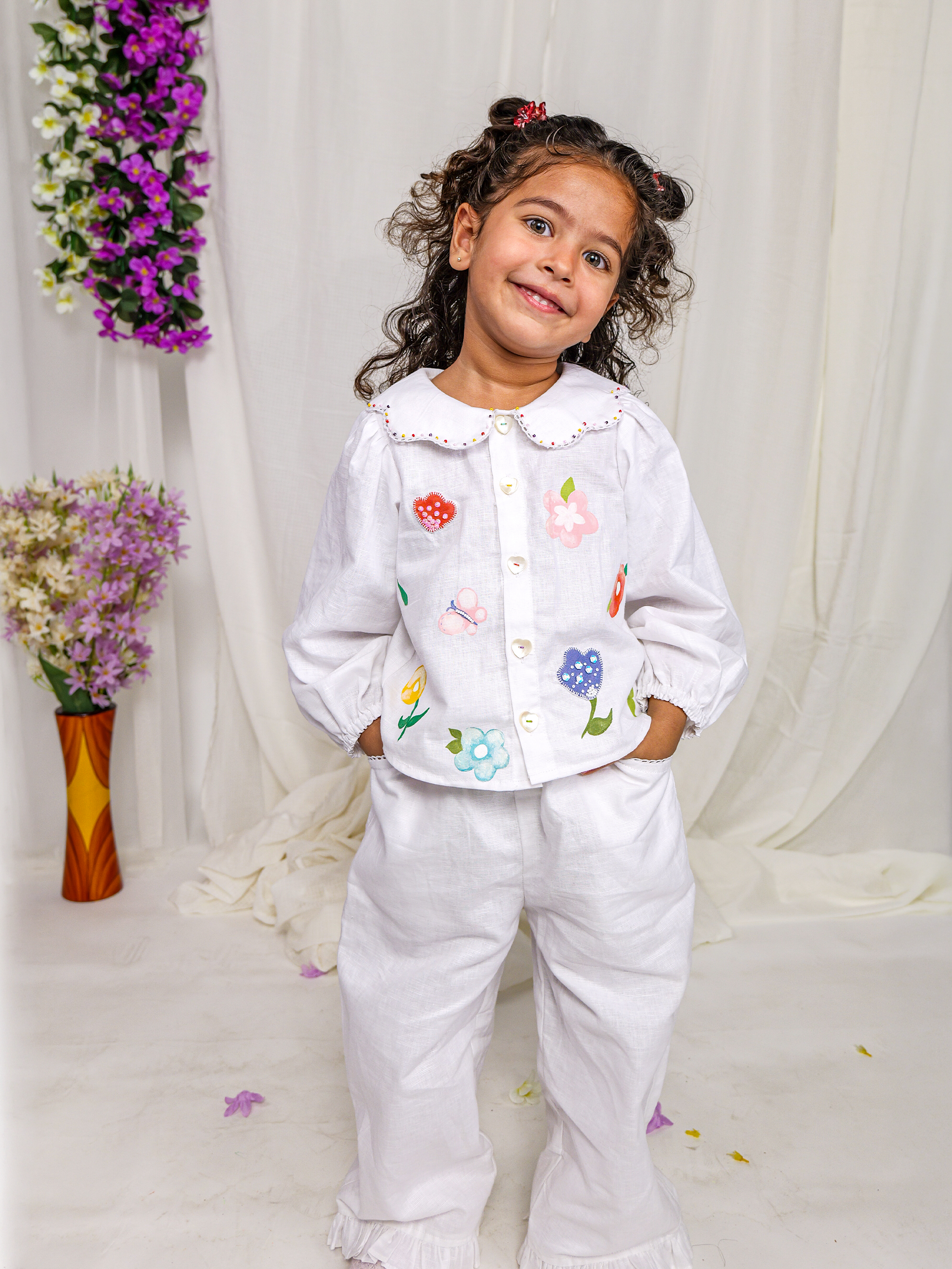 White Spring Linen Floral Collar with Pants
