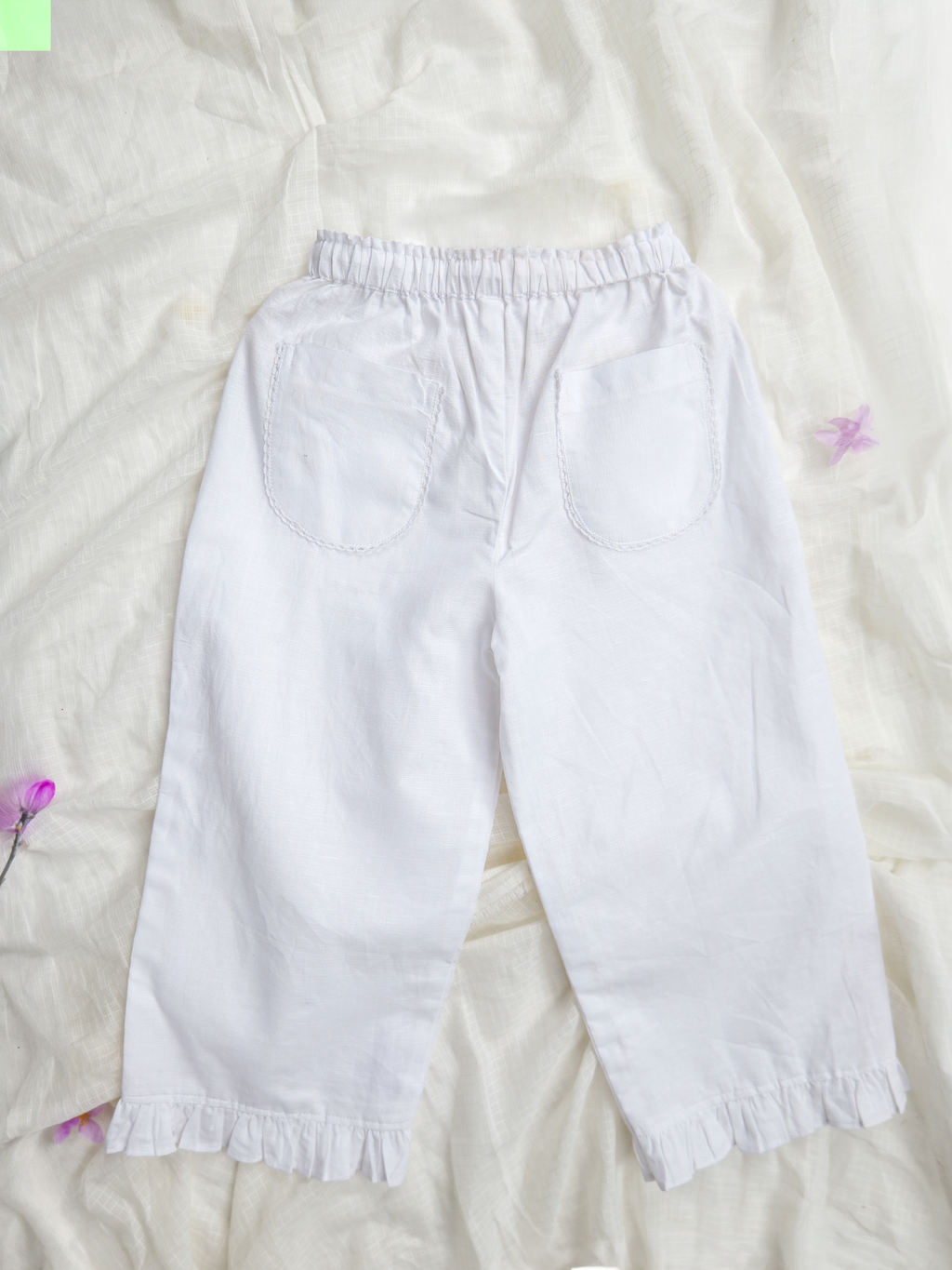 White Spring Linen Frill Pants