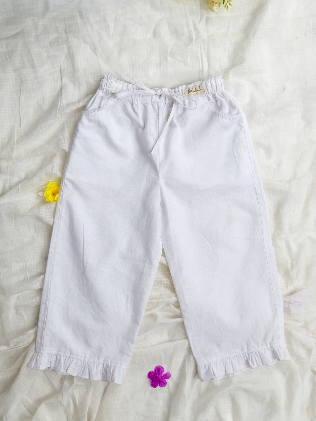 White Spring Linen Frill Pants