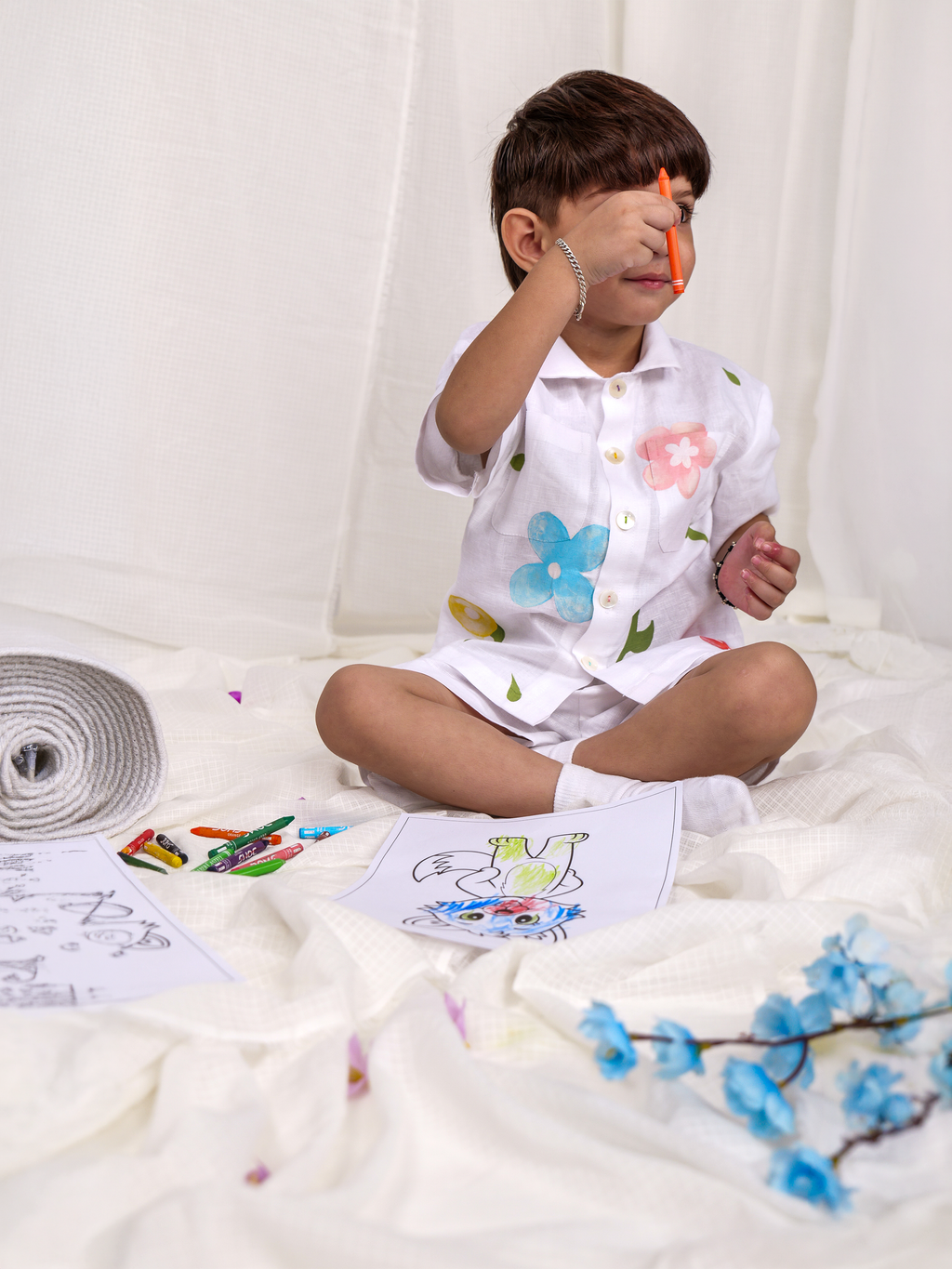 White Spring Linen Half Sleeve Shirt with Shorts