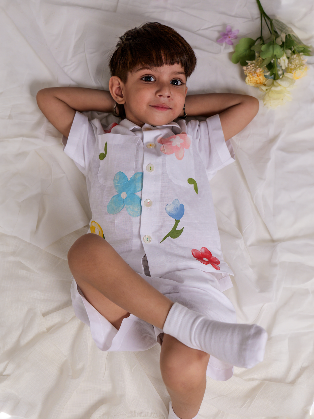 White Spring Linen Half Sleeve Shirt with Shorts