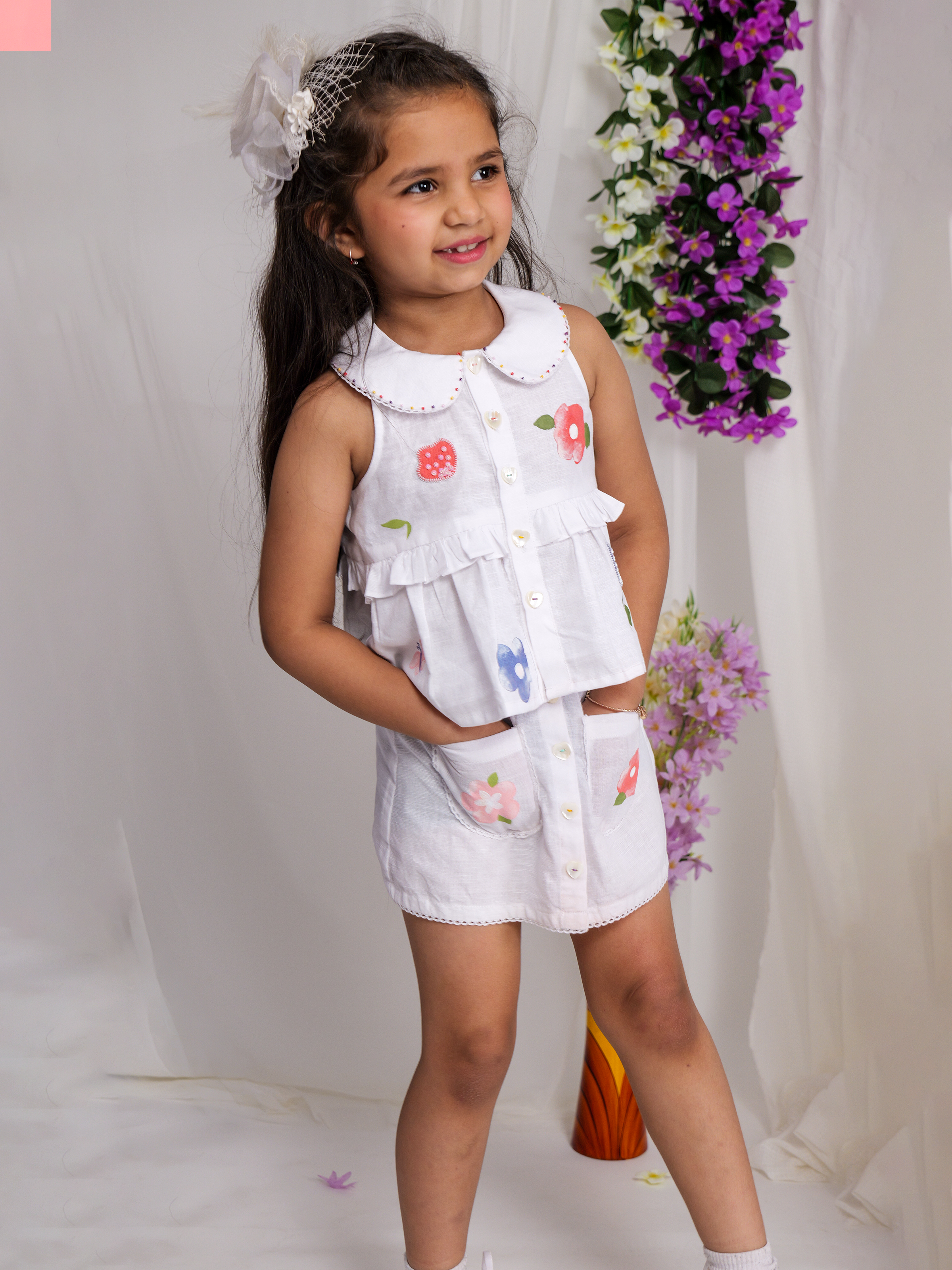 White Spring Linen Peplum Top with Mini Skirt