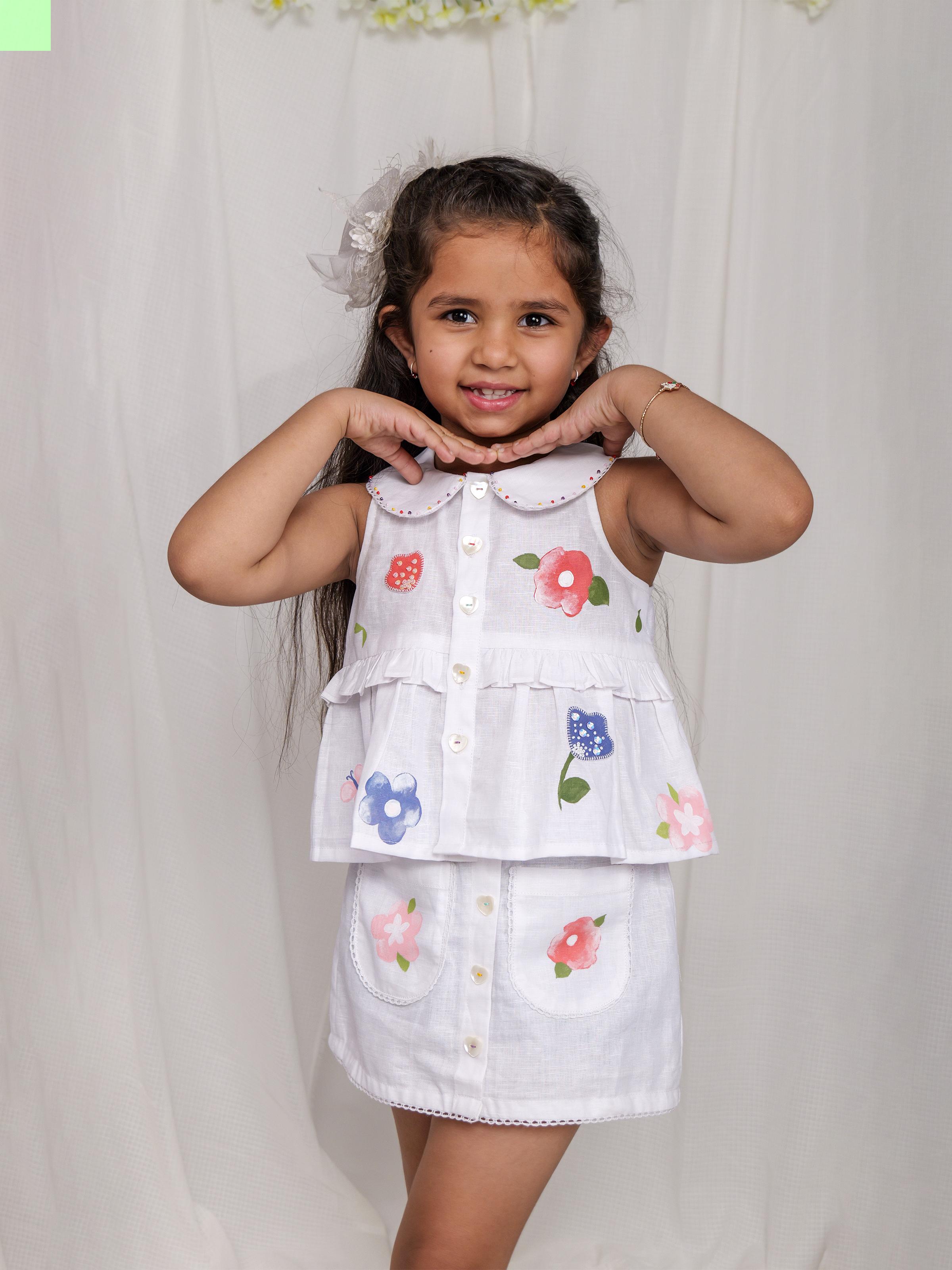 White Spring Linen Peplum Top with Mini Skirt