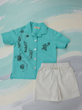 Aqua green shirt with white shorts