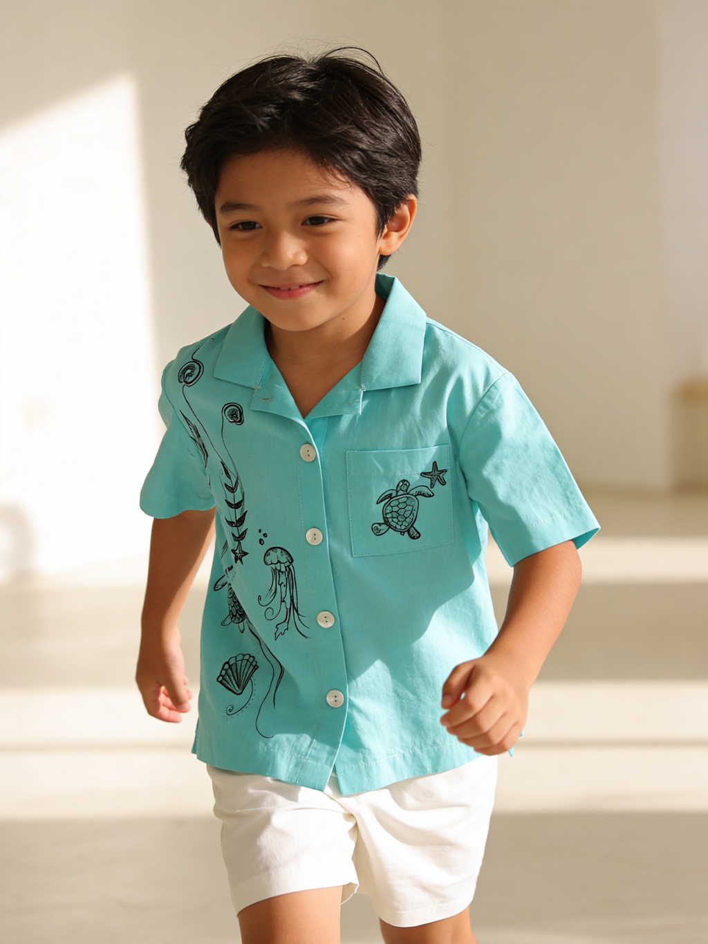 Aqua green shirt with white shorts