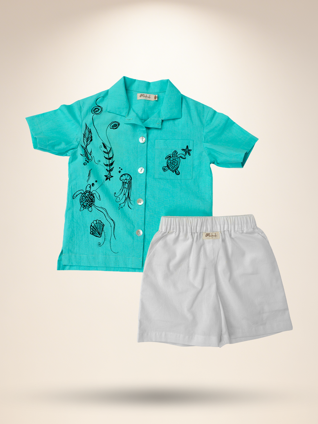 Aqua green shirt with white shorts