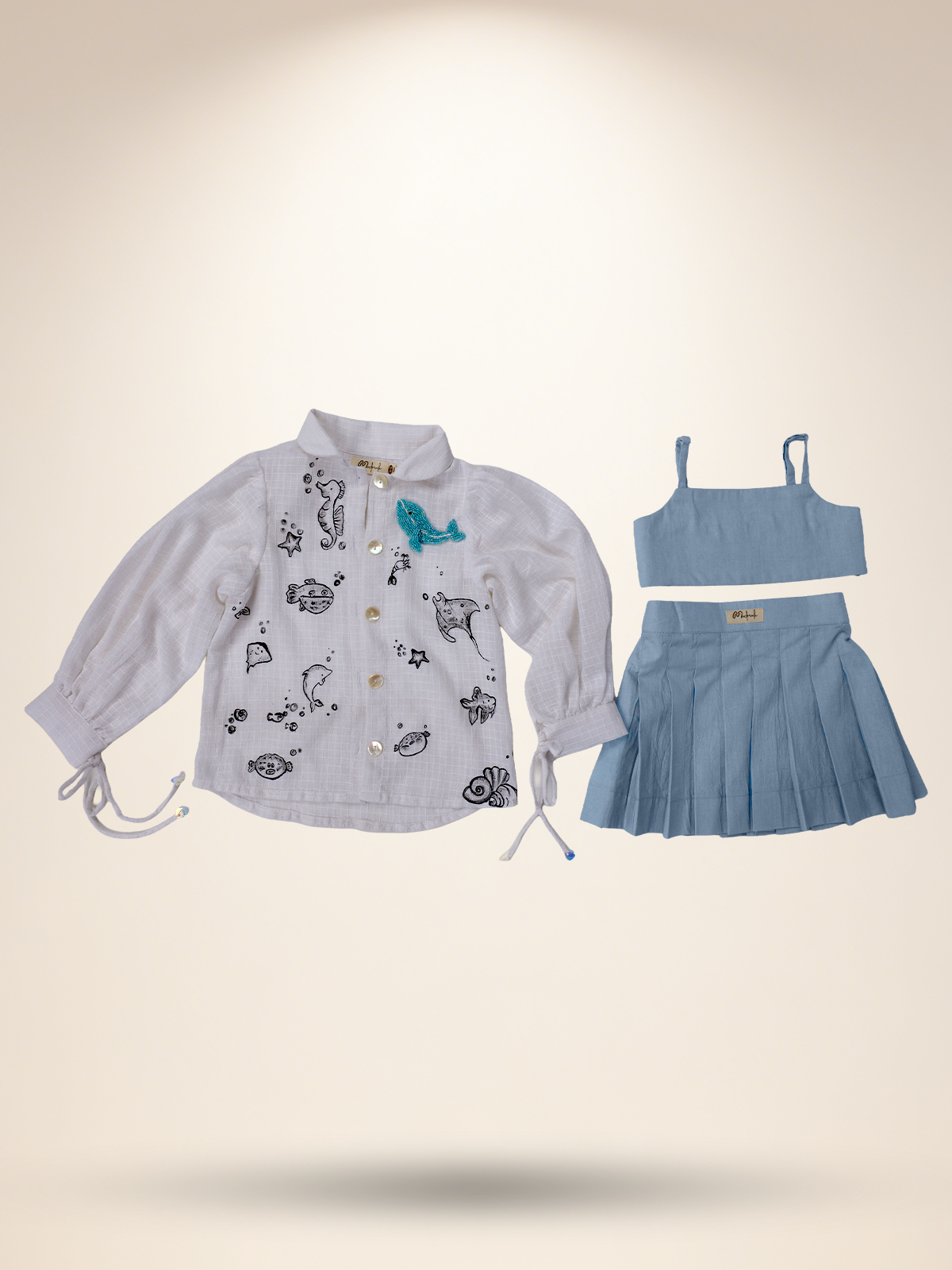 Baby blue pleated skirt with tube top & shirt