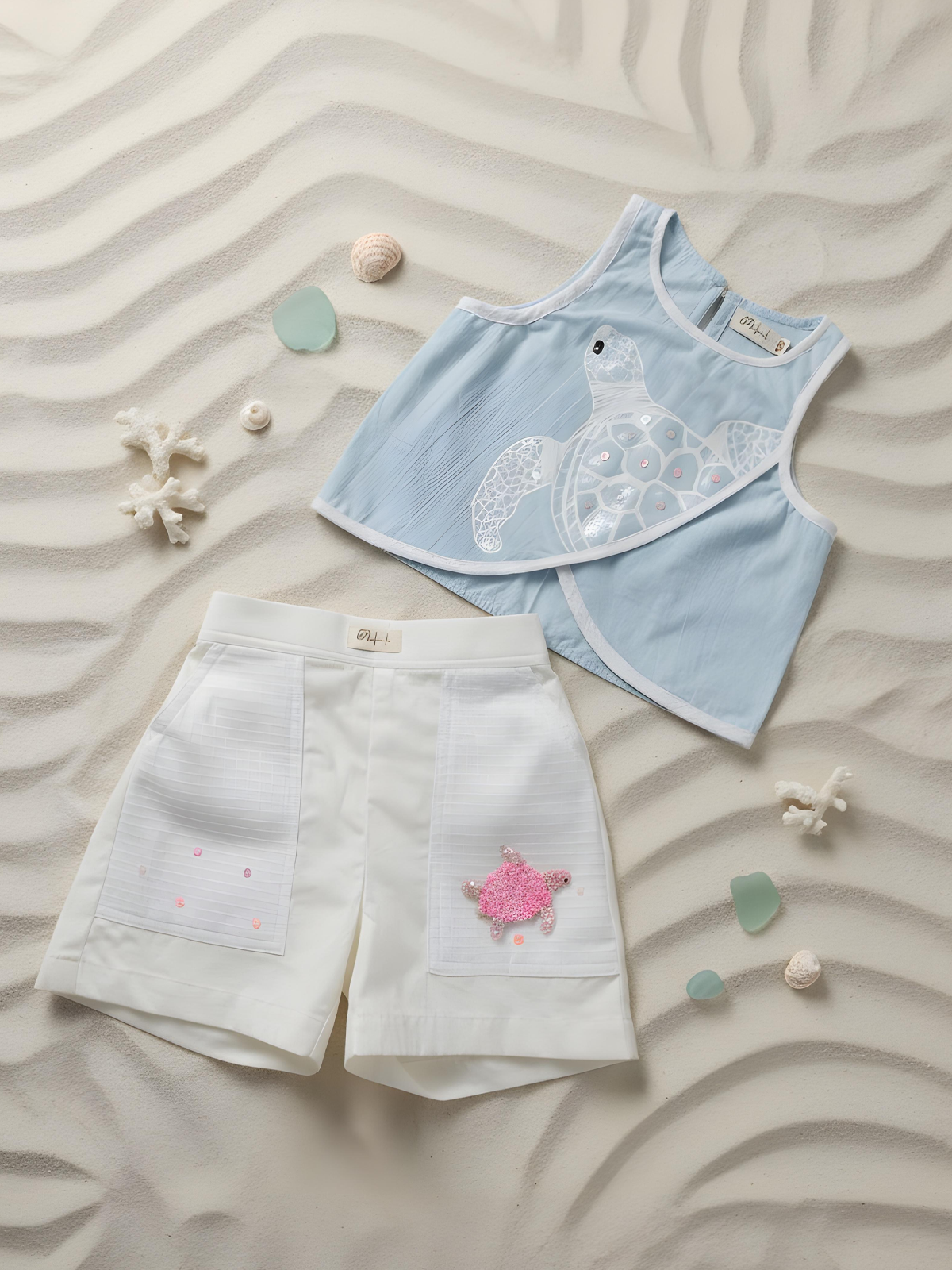 Baby blue overlap top with white shorts