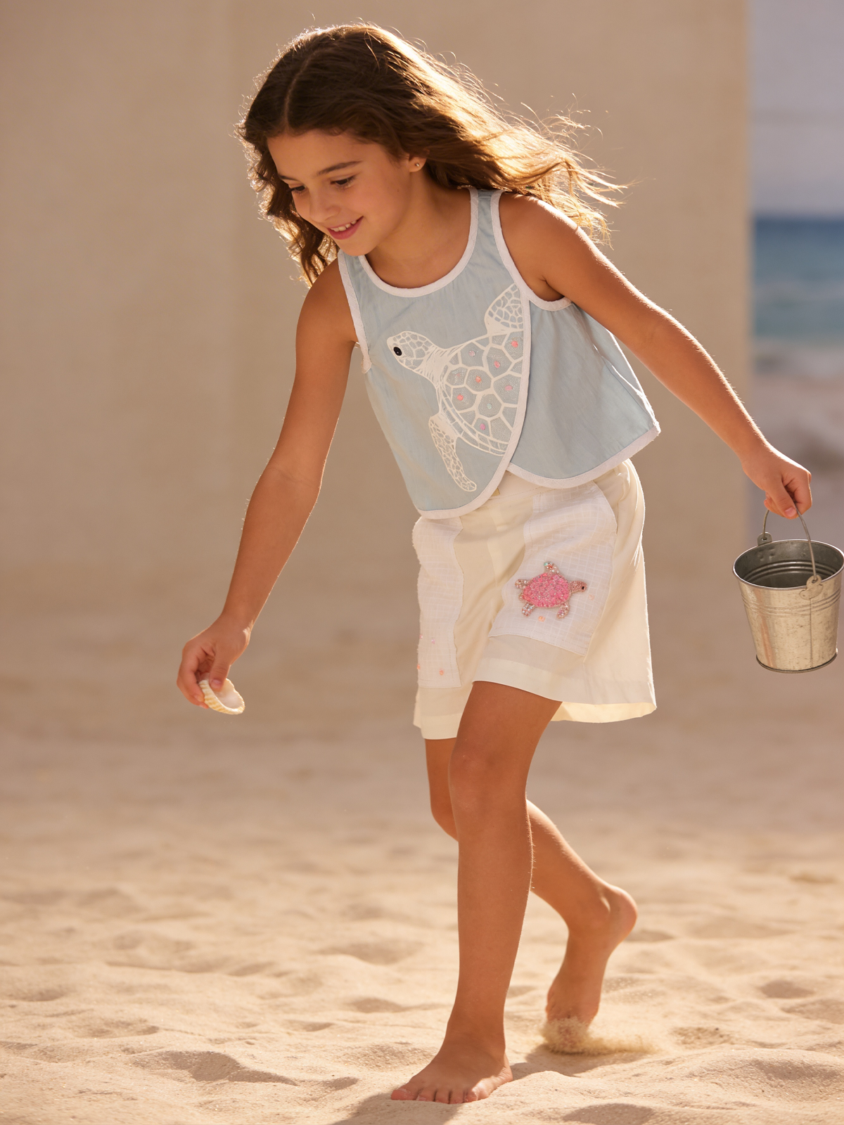 Baby blue overlap top with white shorts