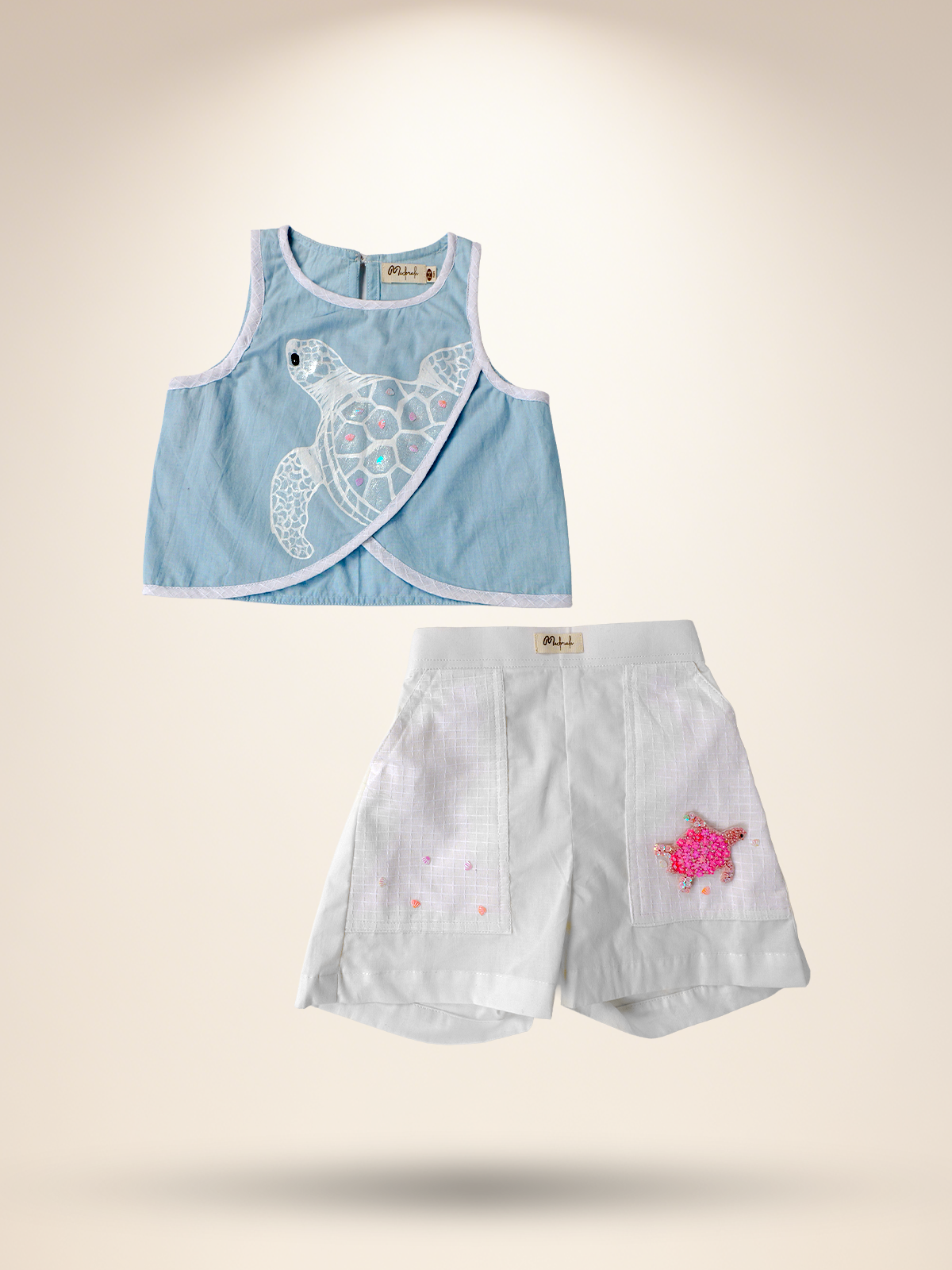 Baby blue overlap top with white shorts