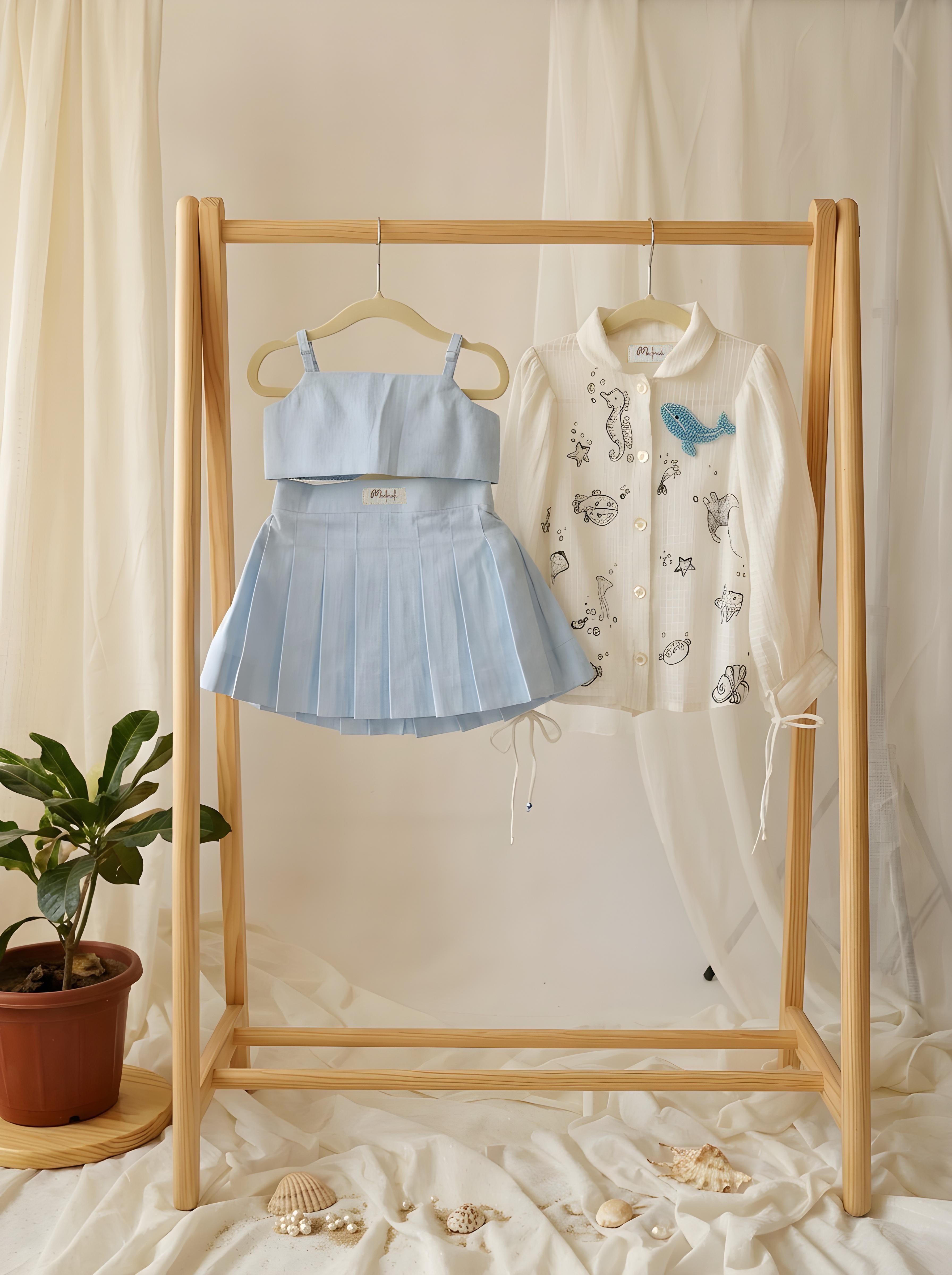 Baby blue pleated skirt with tube top & shirt