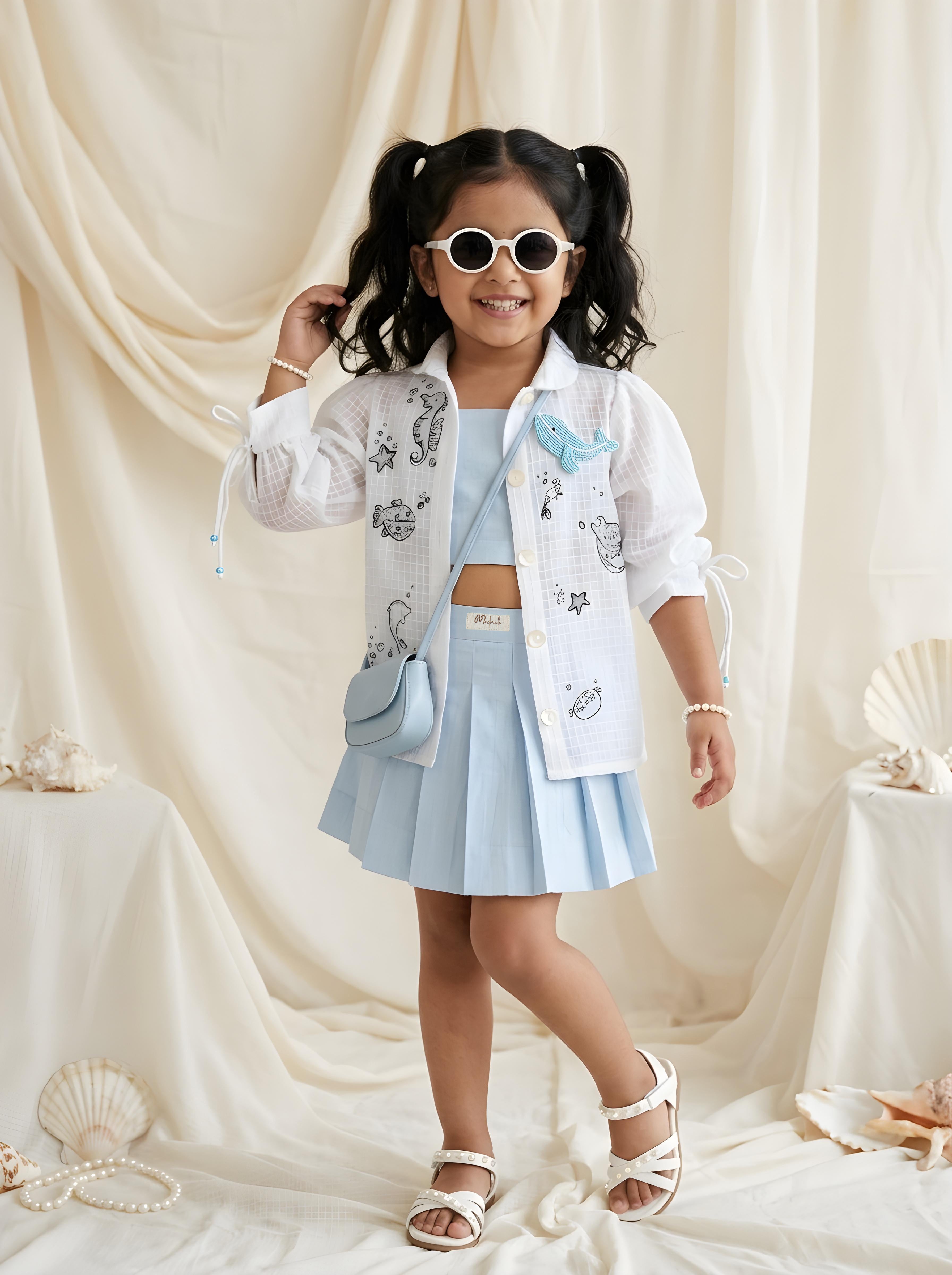 Baby blue pleated skirt with tube top & shirt