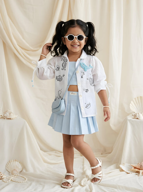 Baby blue pleated skirt with tube top & shirt