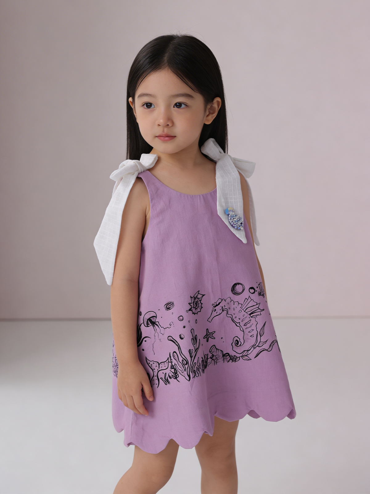 Lavender A line scalloped dress with bows