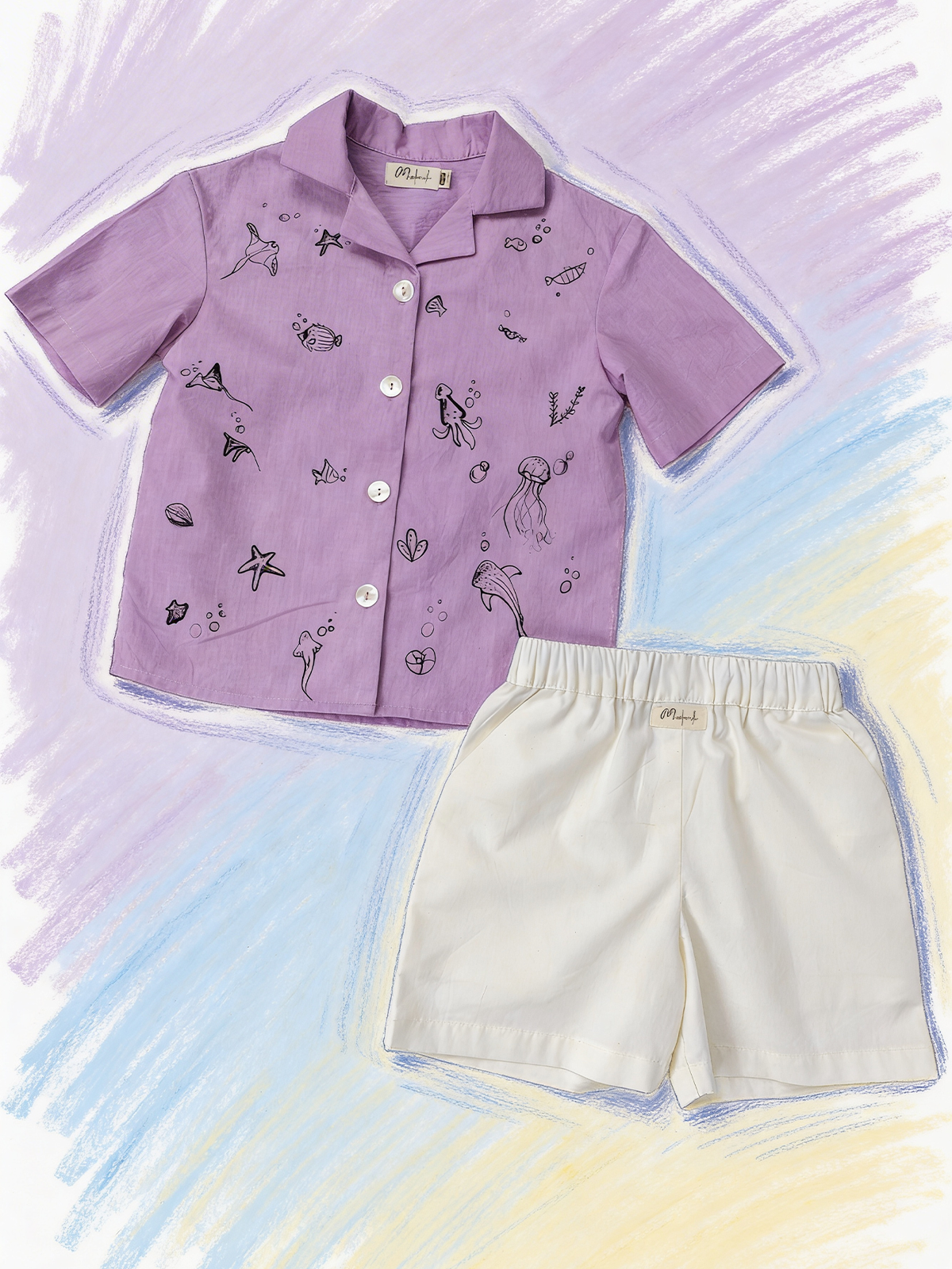 Lavender shirt with white shorts