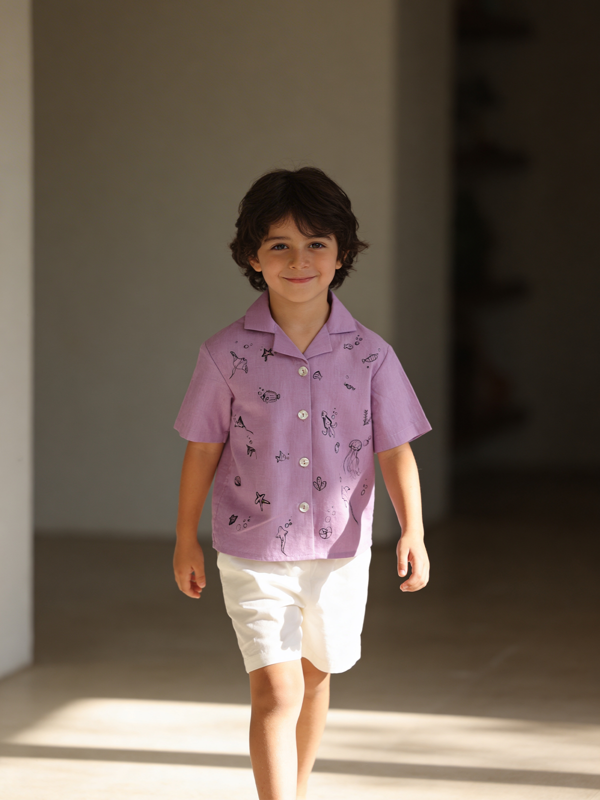 Lavender shirt with white shorts
