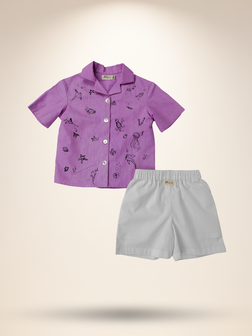 Lavender shirt with white shorts