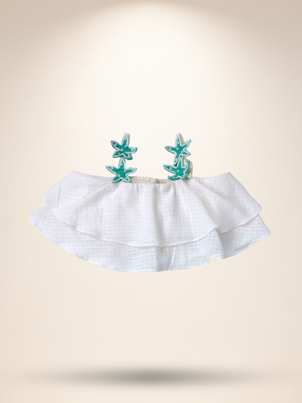 White umbrella top with aqua green shorts