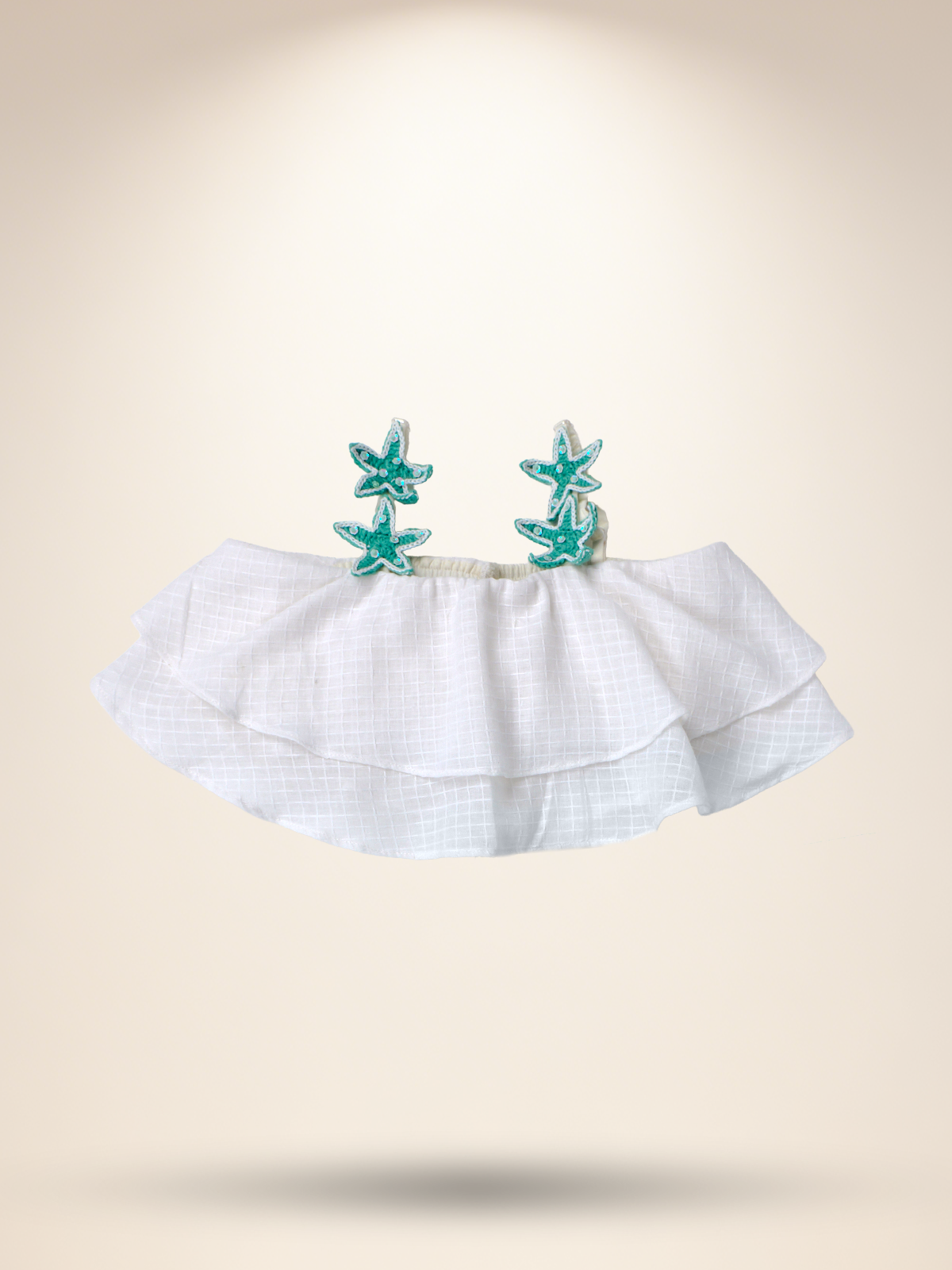 White umbrella top with aqua green shorts