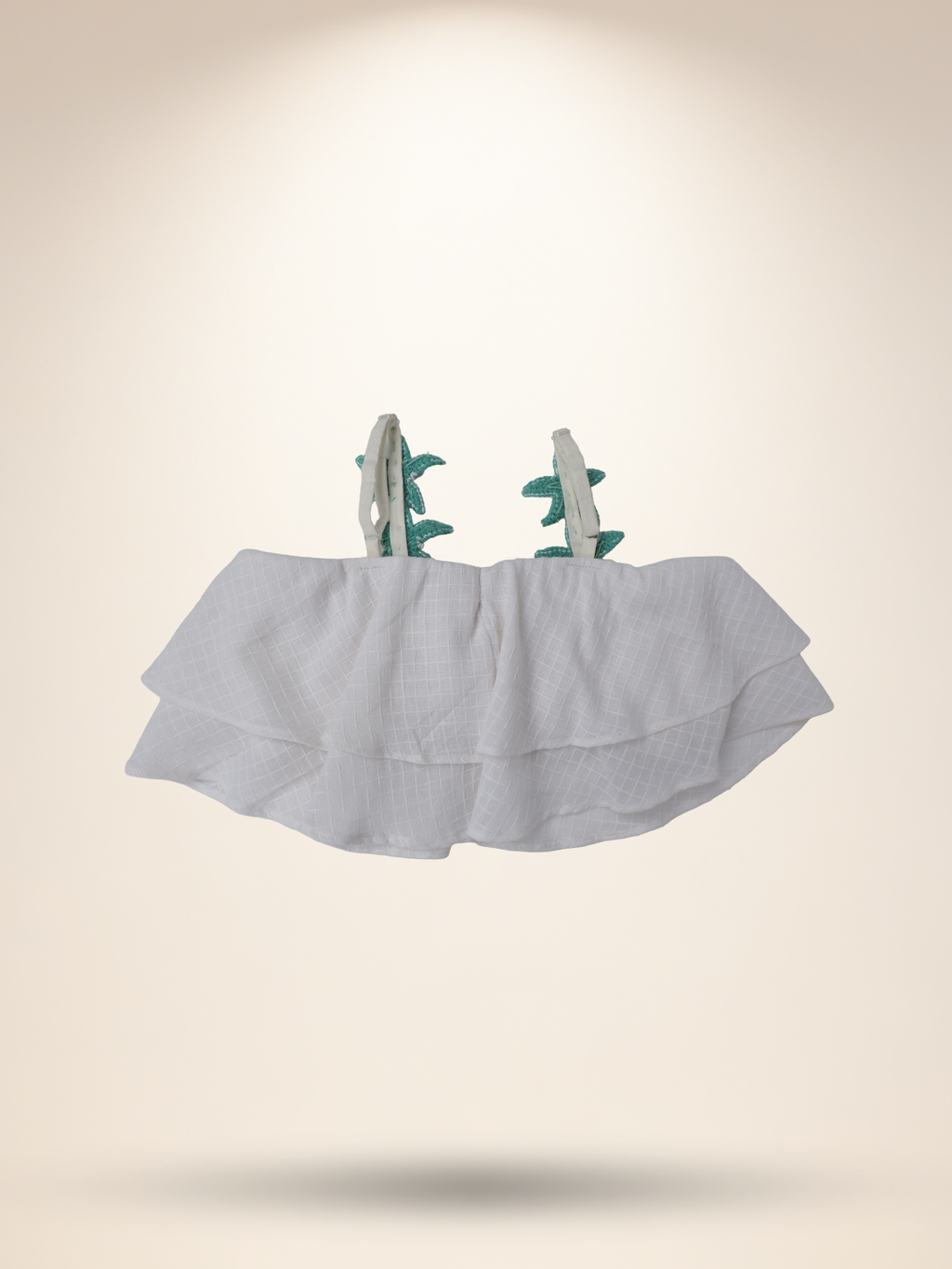 White umbrella top with aqua green shorts