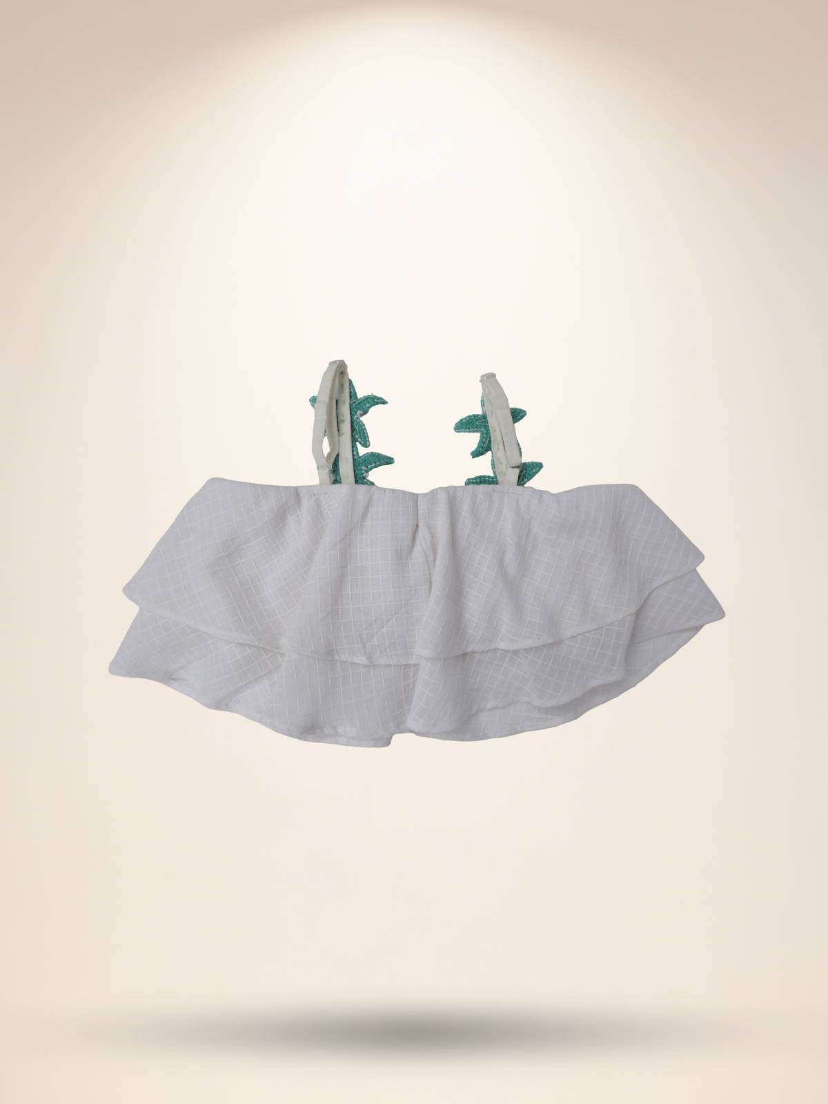 White umbrella top with aqua green shorts