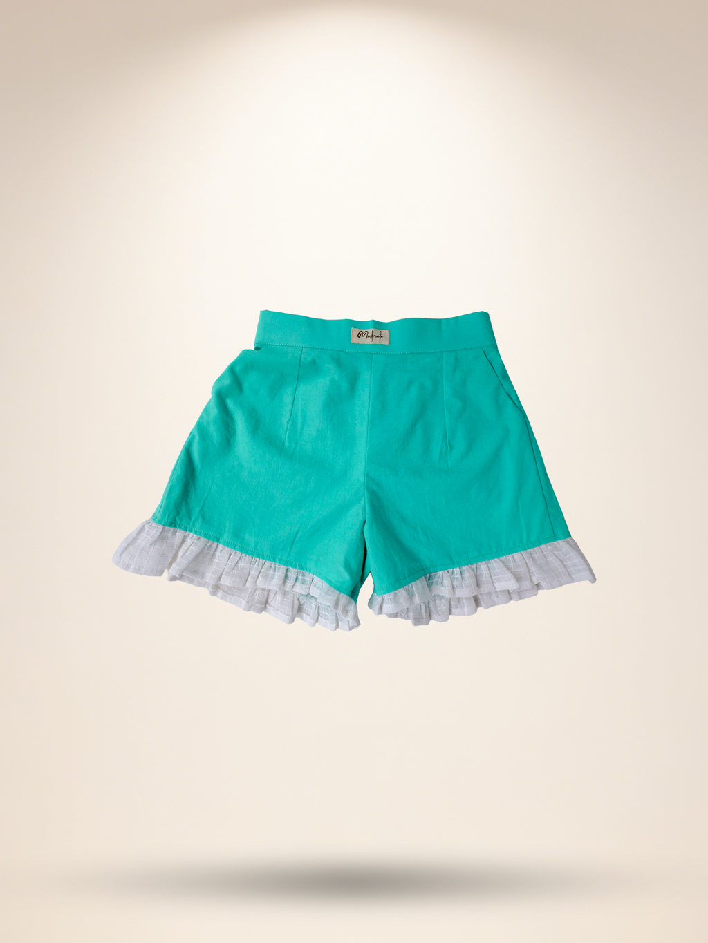 White umbrella top with aqua green shorts